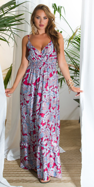 Maxidress with straps and Paisley Print Bordeaux